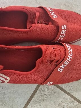 Skechers Red Knit Slip-On Sneakers with White Logo Strap